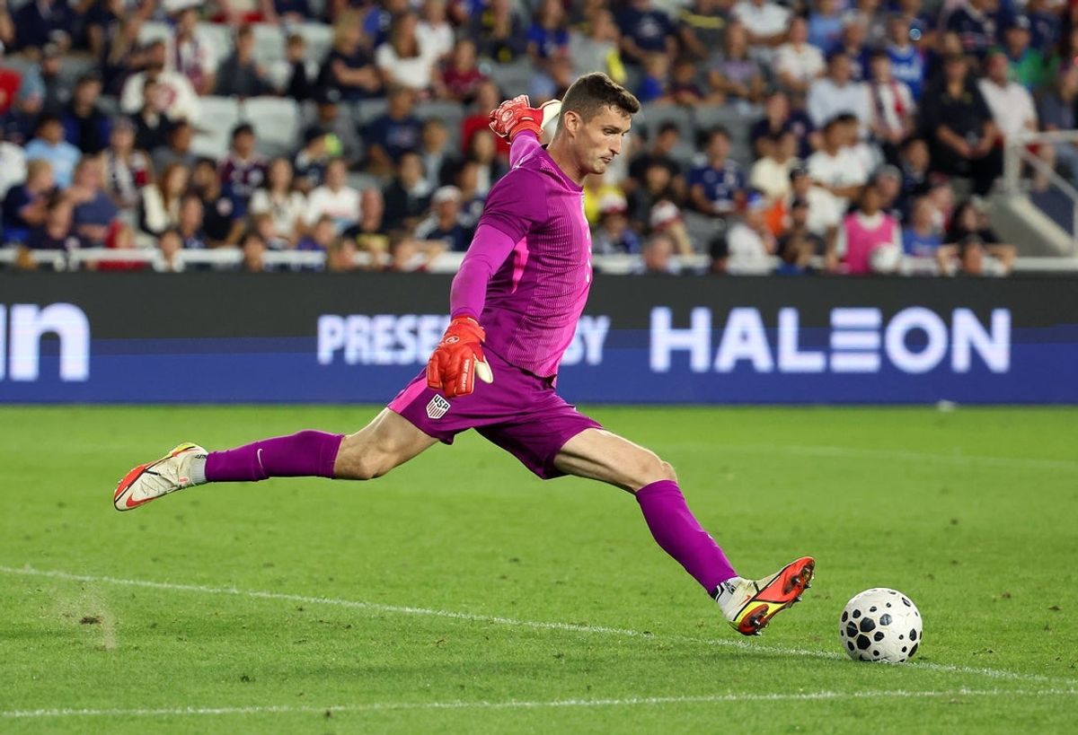 Sep 9, 2025; Columbus, Ohio, USA;  US Men's National Team goalkeeper Matt Freese (1) kicks the ball during the second half against Japan at Lower.com Field. Mandatory Credit: Joseph Maiorana-Imagn Images