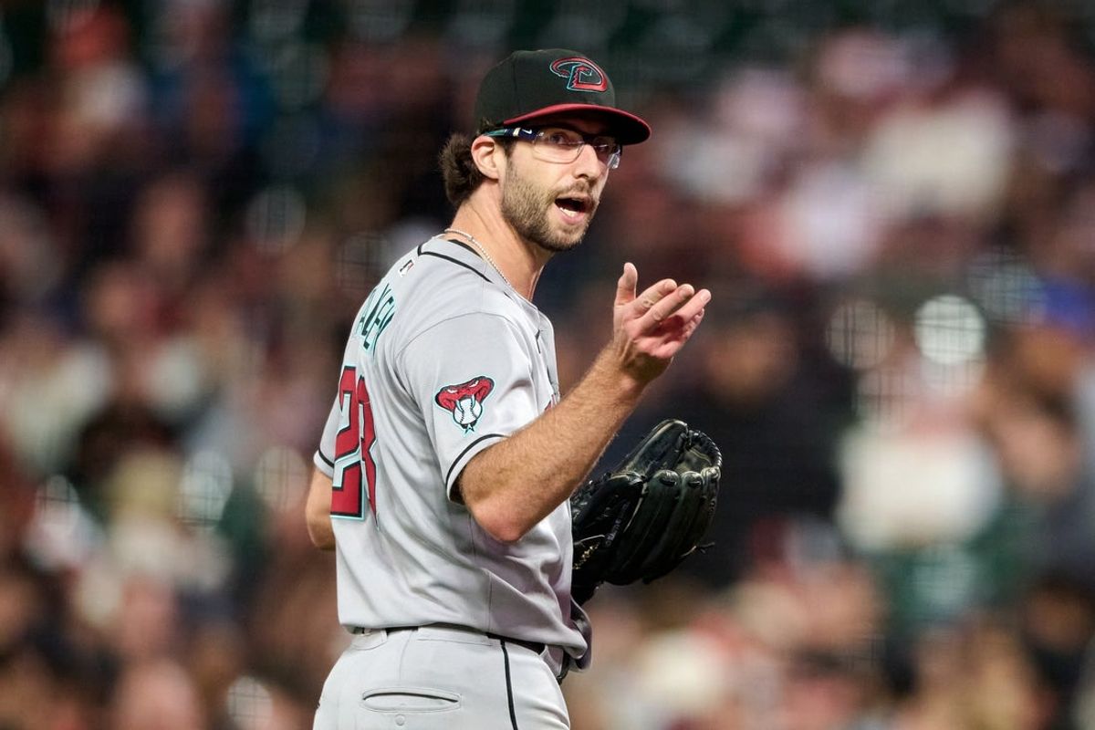 Sep 9, 2025; San Francisco, California, USA; Arizona Diamondbacks starting pitcher Zac Gallen (23) argues with home plate umpire Doug Eddings (88) (not pictured) during a pitching change against the San Francisco Giants during the seventh inning at Oracle Park. Mandatory Credit: Robert Edwards-Imagn Images