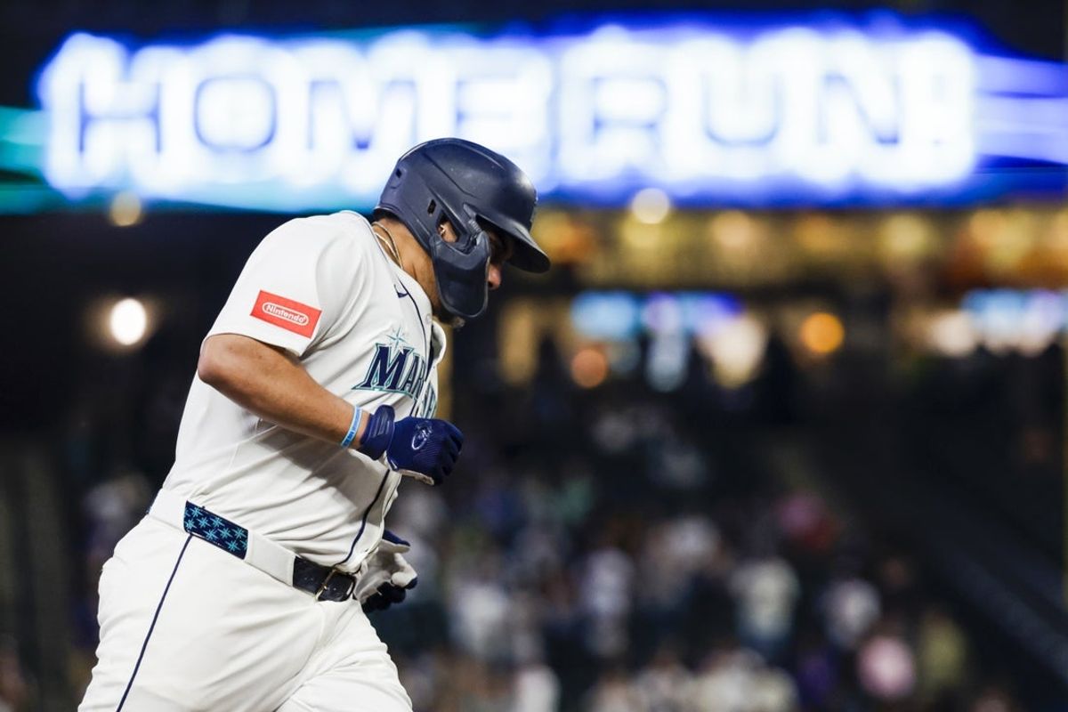Sep 9, 2025; Seattle, Washington, USA; Seattle Mariners first baseman Josh Naylor (12) runs the bases after hitting a solo-home run against the St. Louis Cardinals during the fourth inning at T-Mobile Park. Mandatory Credit: Joe Nicholson-Imagn Images