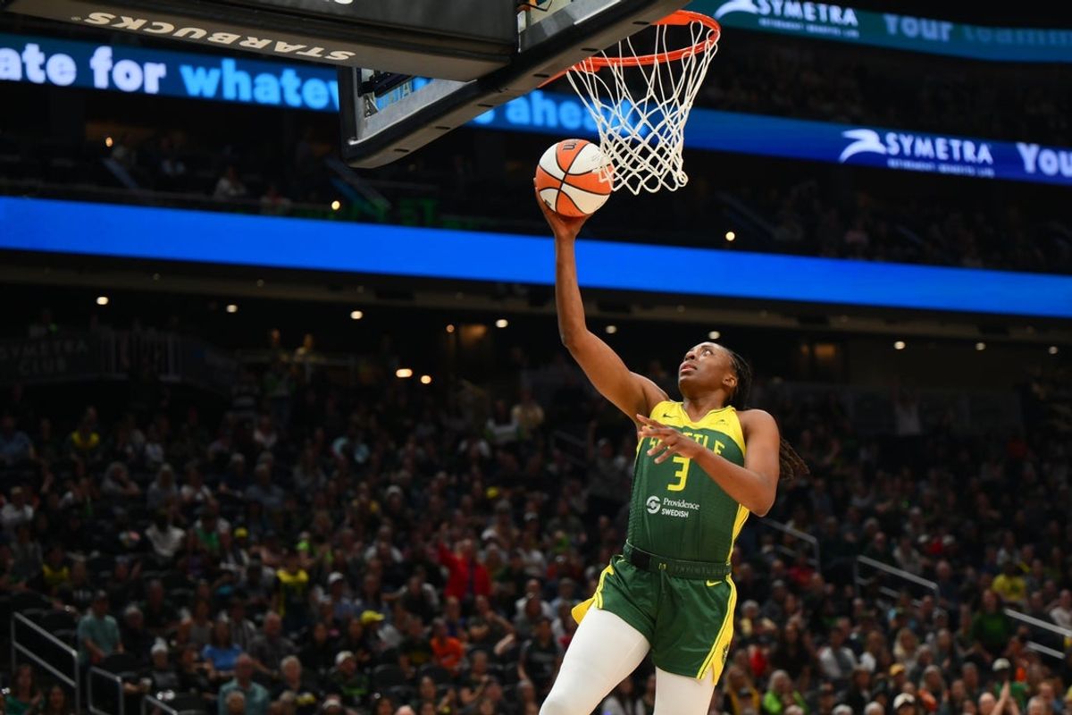 Sep 9, 2025; Seattle, Washington, USA; Seattle Storm forward Nneka Ogwumike (3) shoots the ball against the Golden State Valkyries during the first half at Climate Pledge Arena. Mandatory Credit: Steven Bisig-Imagn Images