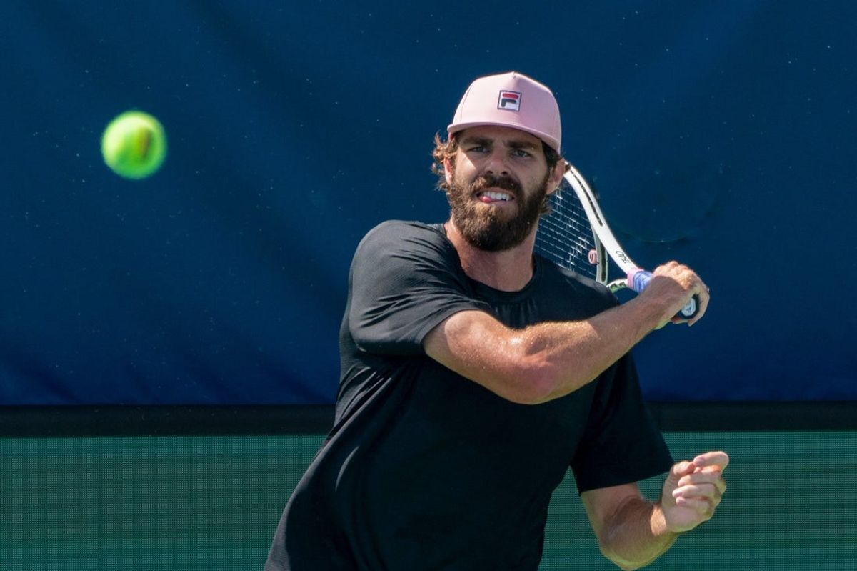 Reilly Opelka returns a serve during Davis Cup practice in Delray Beach, Florida, on September 10, 2025.