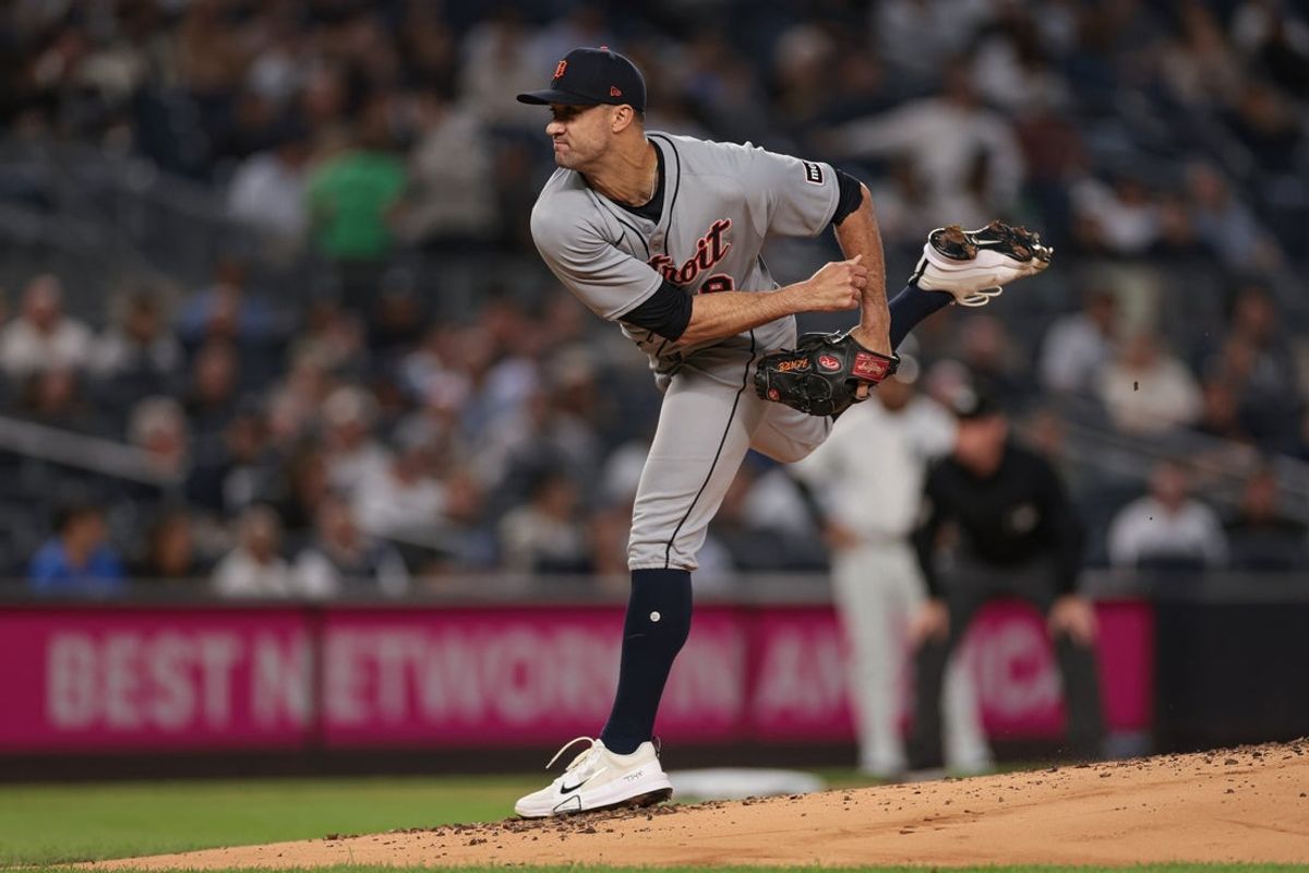 Sep 10, 2025; Bronx, New York, USA; Detroit Tigers starting pitcher Jack Flaherty (9) delivers a pitch during the first inning against the New York Yankees at Yankee Stadium. Mandatory Credit: Vincent Carchietta-Imagn Images