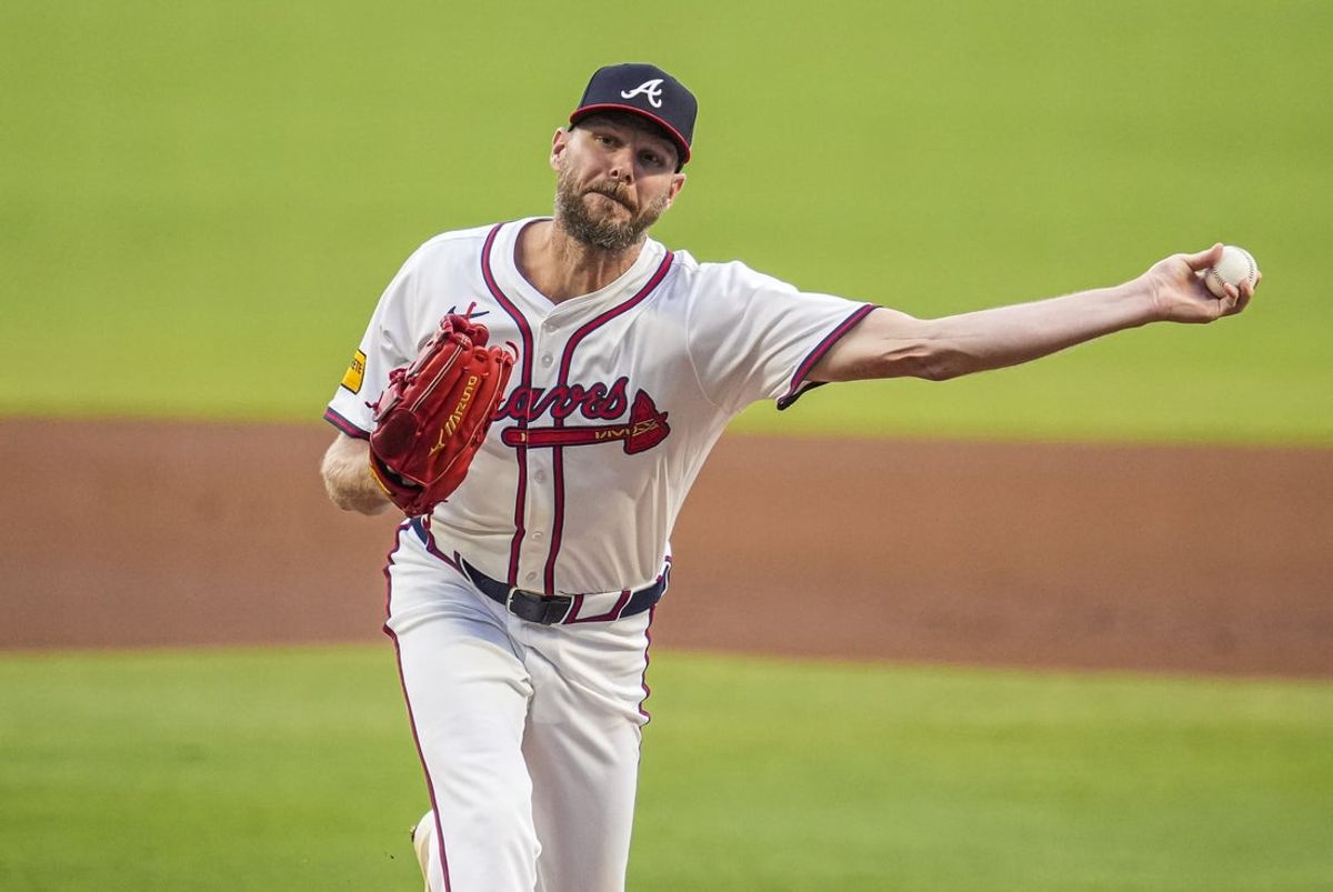 Sep 10, 2025; Cumberland, Georgia, USA; Atlanta Braves starting pitcher Chris Sale (51) pitches against the Chicago Cubs during the first inning at Truist Park. Mandatory Credit: Dale Zanine-Imagn Images