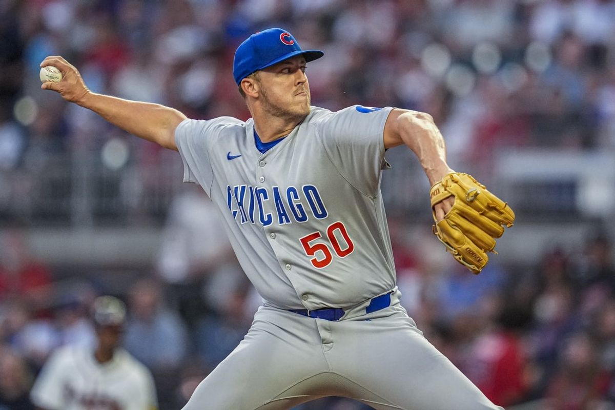 Sep 10, 2025; Cumberland, Georgia, USA; Chicago Cubs starting pitcher Jameson Taillon (50) pitches against the Atlanta Braves during the second inning at Truist Park. Mandatory Credit: Dale Zanine-Imagn Images