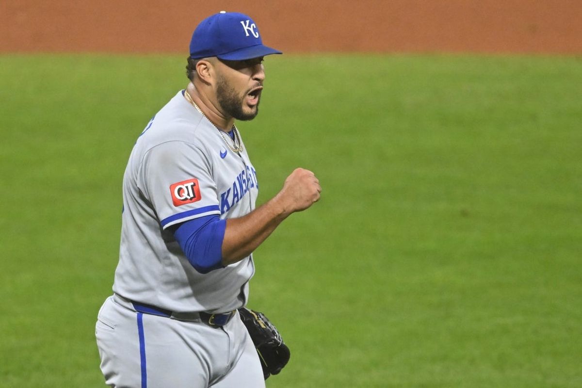Sep 10, 2025; Cleveland, Ohio, USA; Kansas City Royals relief pitcher Carlos Estevez (53) celebrates a win over the Cleveland Guardians at Progressive Field. Mandatory Credit: David Richard-Imagn Images