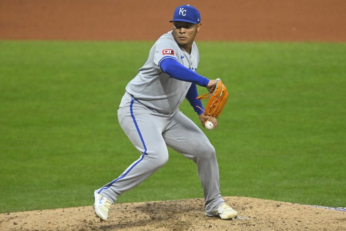 Sep 10, 2025; Cleveland, Ohio, USA; Kansas City Royals relief pitcher Angel Zerpa (61) delivers a pitch in the fourth inning against the Cleveland Guardians at Progressive Field. Mandatory Credit: David Richard-Imagn Images