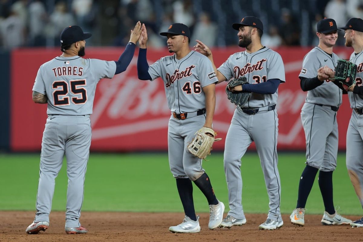 Sep 10, 2025; Bronx, New York, USA; Detroit Tigers second baseman Gleyber Torres (25) celebrates with teammates after defeating the New York Yankees at Yankee Stadium. Mandatory Credit: Vincent Carchietta-Imagn Images