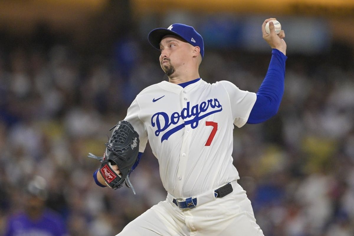 Sep 10, 2025; Los Angeles, California, USA; Los Angeles Dodgers starting pitcher Blake Snell (7) throws a pitch against Colorado Rockies in the first inning at Dodger Stadium. Mandatory Credit: Jayne Kamin-Oncea-Imagn Images