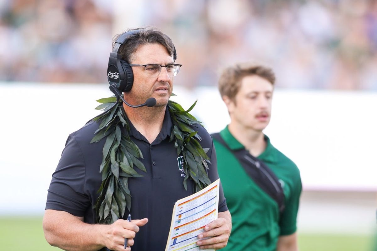 Sep 6, 2025; Athens, Ohio, USA; Ohio Bobcats head coach Brian Smith walks along the sidelines during the fourth quarter against the West Virginia Mountaineers at Peden Stadium. Mandatory Credit: Ben Queen-Imagn Images