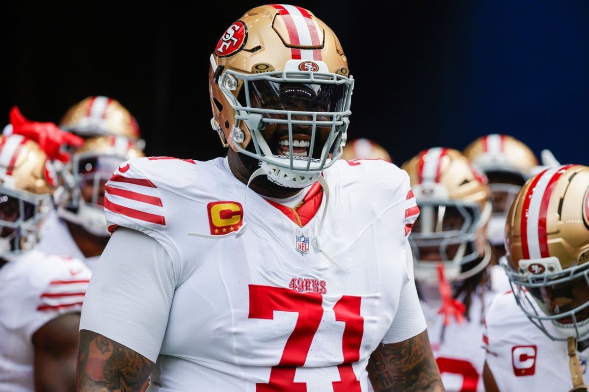 Sep 7, 2025; Seattle, Washington, USA; San Francisco 49ers offensive tackle Trent Williams (71) dances before player introductions against the Seattle Seahawks at Lumen Field. Mandatory Credit: Joe Nicholson-Imagn Images