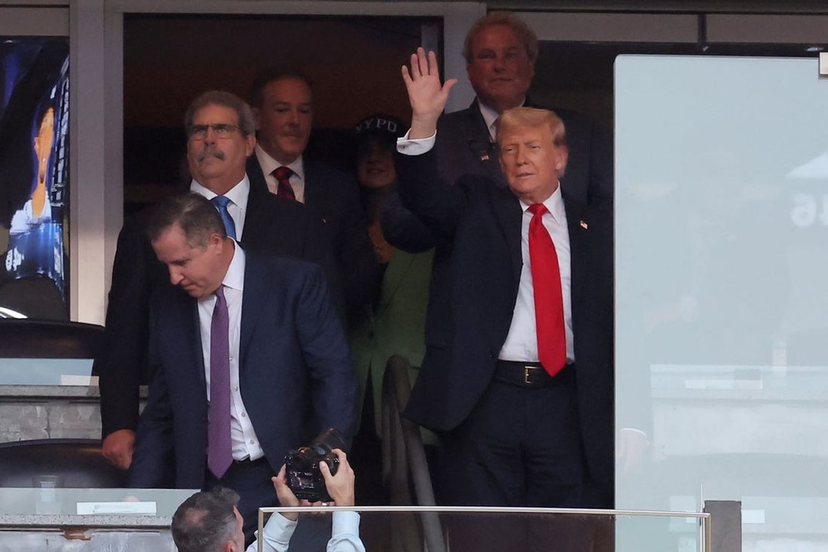 Sep 11, 2025; Bronx, New York, USA; President of the united states Donald Trump waves as he enters his box before a game between the Detroit Tigers and the New York Yankees at Yankee Stadium. Mandatory Credit: Brad Penner-Imagn Images