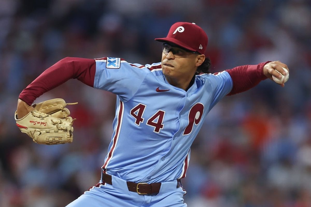 Sep 11, 2025; Philadelphia, Pennsylvania, USA; Philadelphia Phillies pitcher Jesus Luzardo (44) throws a pitch Monday during the first inning at Citizens Bank Park. Mandatory Credit: Bill Streicher-Imagn Images