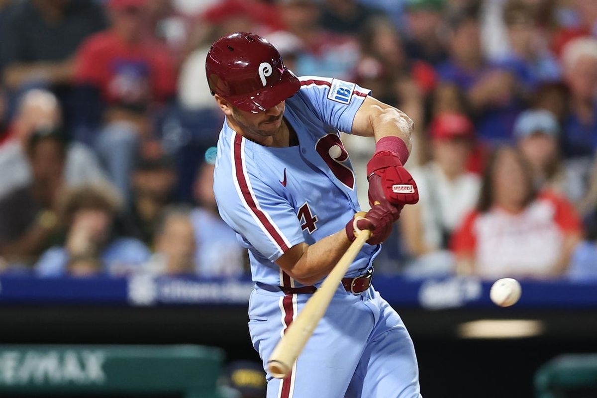 Sep 11, 2025; Philadelphia, Pennsylvania, USA; Philadelphia Phillies Otto Kemp (4) hits a two RBI home run against the New York Mets during the fourth inning at Citizens Bank Park. Mandatory Credit: Bill Streicher-Imagn Images