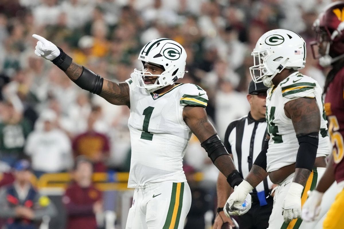 Sep 11, 2025; Green Bay, Wisconsin, USA;  Green Bay Packers defensive end Micah Parsons (1) reacts in the first quarter against the Washington Commanders at Lambeau Field. Mandatory Credit: Jeff Hanisch-Imagn Images