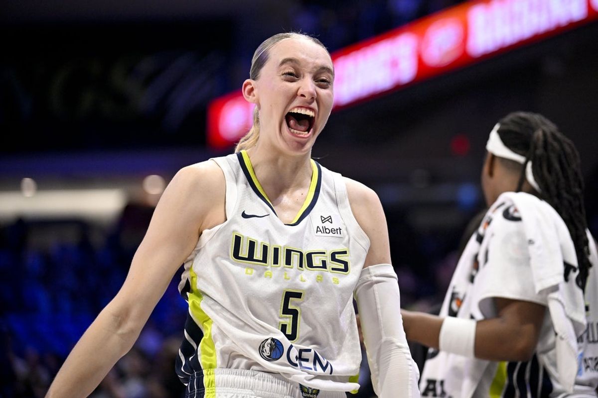 Sep 11, 2025; Arlington, Texas, USA; Dallas Wings guard Paige Bueckers (5) celebrates after the game against the Phoenix Mercury at College Park Center. Mandatory Credit: Jerome Miron-Imagn Images