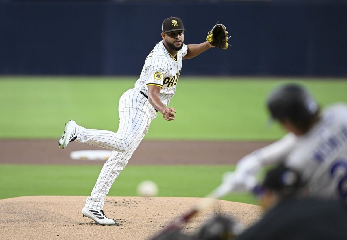 Sep 11, 2025; San Diego, California, USA; San Diego Padres starting pitcher Randy Vasquez (98) pitches during the first inning against the Colorado Rockies at Petco Park. Mandatory Credit: Denis Poroy-Imagn Images