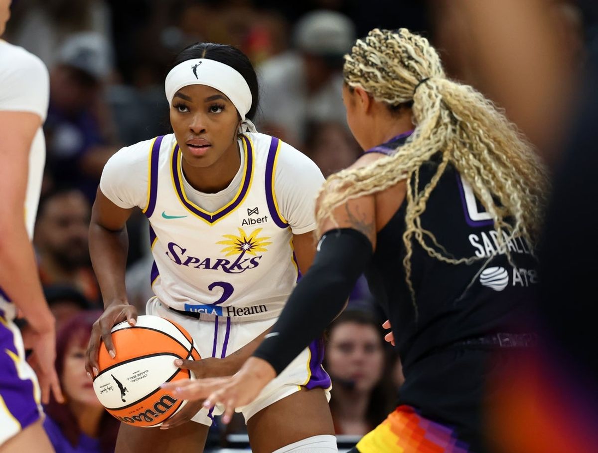Sep 9, 2025; Phoenix, Arizona, USA; Los Angeles Sparks forward Rickea Jackson (2) against the Phoenix Mercury during a WNBA game at PHX Arena. Mandatory Credit: Mark J. Rebilas-Imagn Images