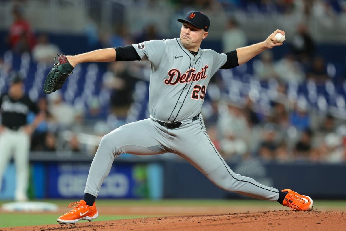 Sep 12, 2025; Miami, Florida, USA; Detroit Tigers starting pitcher Tarik Skubal (29) delivers a pitch against the Miami Marlins during the first inning at loanDepot Park. Mandatory Credit: Sam Navarro-Imagn Images
