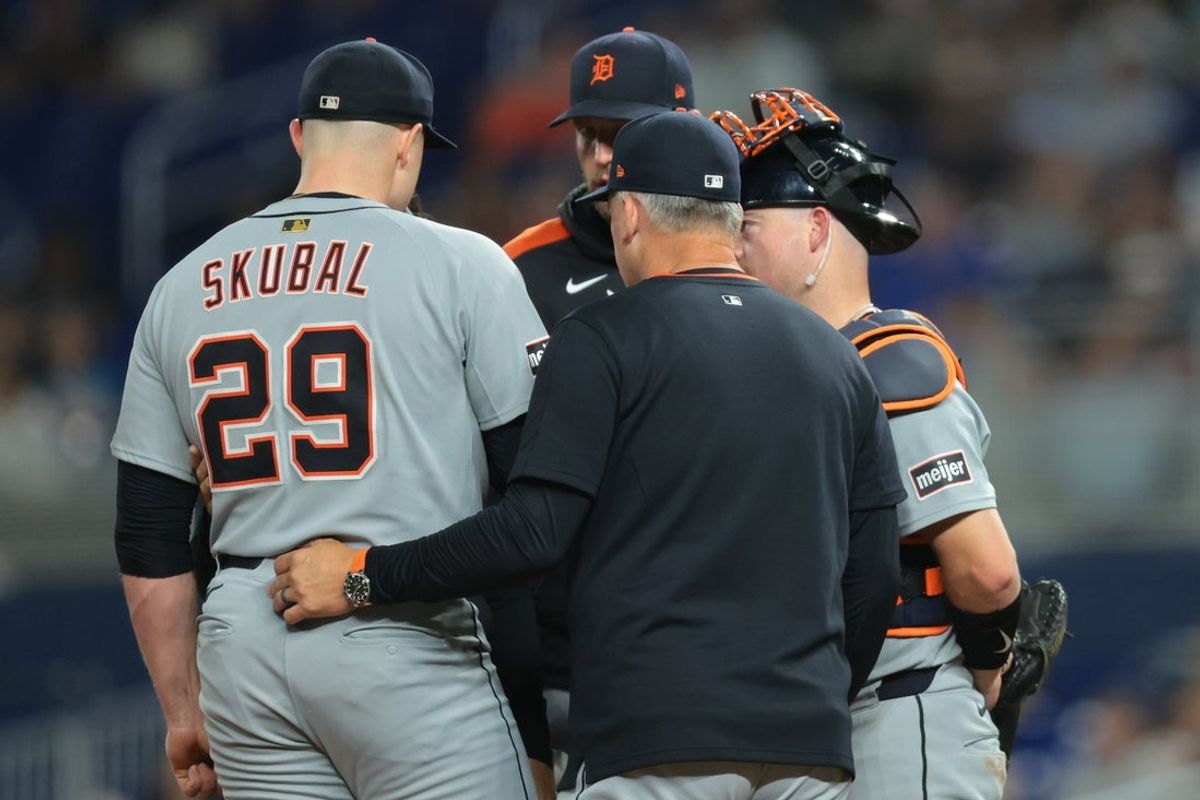 Sep 12, 2025; Miami, Florida, USA; Detroit Tigers starting pitcher Tarik Skubal (29) exits the game against the Miami Marlins during the fourth inning at loanDepot Park. Mandatory Credit: Sam Navarro-Imagn Images