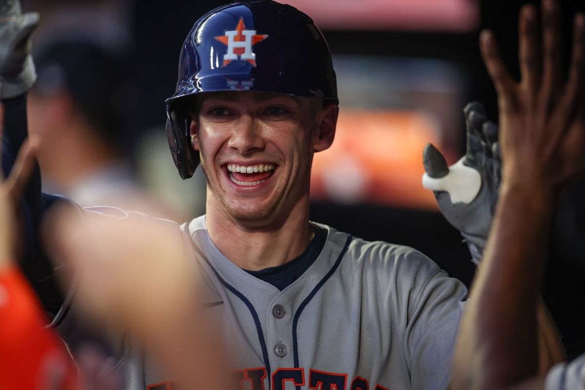 Sep 12, 2025; Atlanta, Georgia, USA; Houston Astros left fielder Zach Cole (16) celebrates with teammates after a two-run home run against the Atlanta Braves in the third inning at Truist Park. Mandatory Credit: Brett Davis-Imagn Images