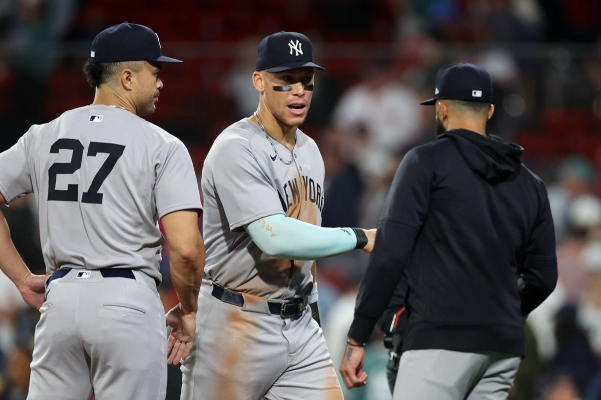Sep 12, 2025; Boston, Massachusetts, USA; New York Yankees designated hitter Aaron Judge (99) celebrates after defeating the Boston Red Sox at Fenway Park. Mandatory Credit: Paul Rutherford-Imagn Images