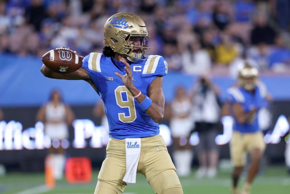 Sep 12, 2025; Pasadena, California, USA;  UCLA Bruins quarterback Nico Iamaleava (9) looks to pass during the first quarter against the New Mexico Lobos at Rose Bowl. Mandatory Credit: Kiyoshi Mio-Imagn Images