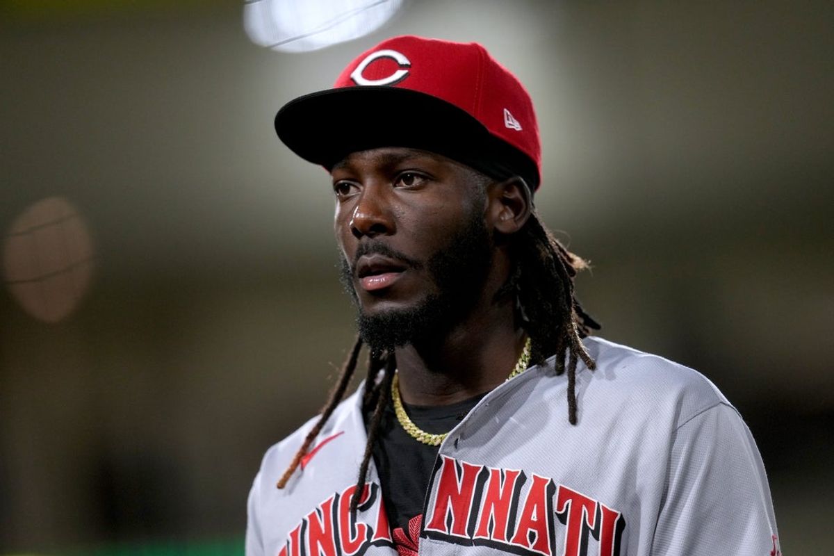 Sep 12, 2025; West Sacramento, California, USA; Cincinnati Reds shortstop Elly De La Cruz (44) walks towards the dugout before the start of the eighth inning against the Athletics at Sutter Health Park. Mandatory Credit: Cary Edmondson-Imagn Images