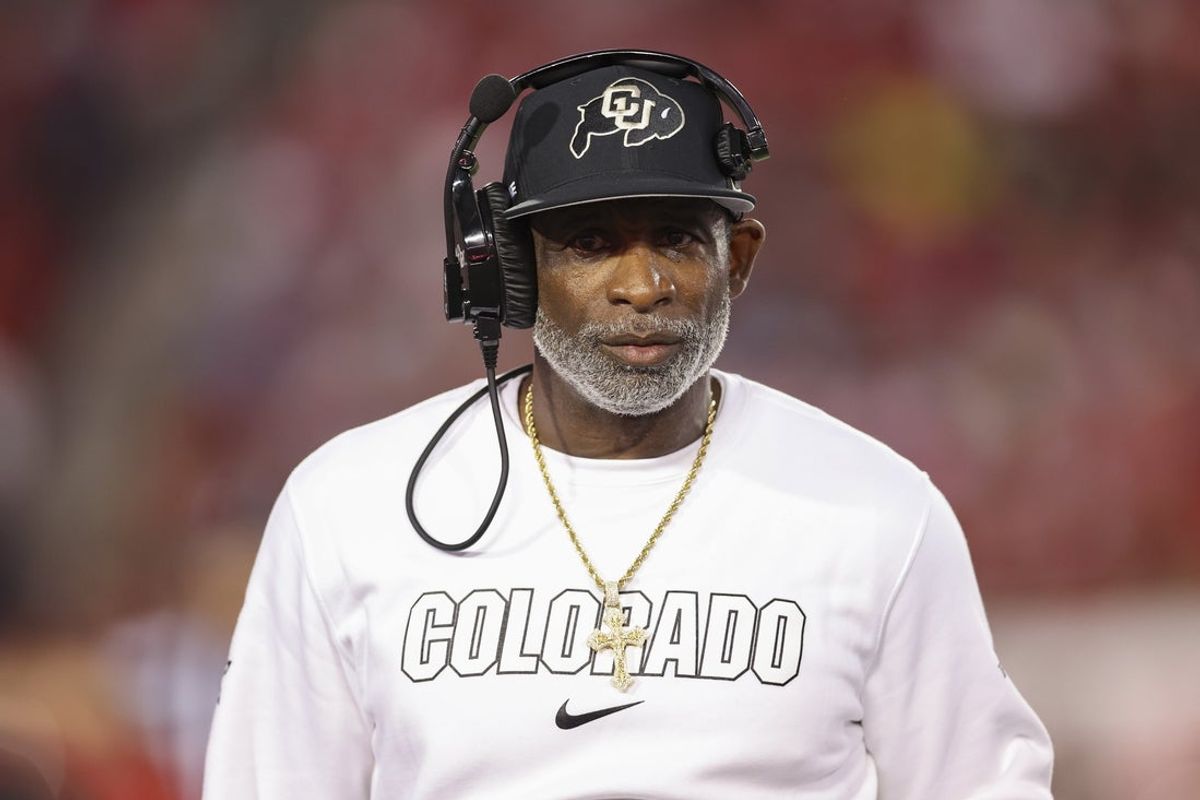 Sep 12, 2025; Houston, Texas, USA; Colorado Buffaloes head coach Deion Sanders looks on from the sideline during the first half against the Houston Cougars at TDECU Stadium. Mandatory Credit: Troy Taormina-Imagn Images