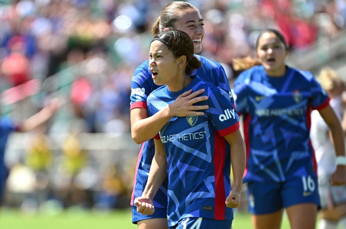 Sep 13, 2025; Cary, North Carolina, USA;  North Carolina Courage midfielder Manaka Matsukubo (34) celebrates after scoring the opening goal during the first half against Angel City FC at First Horizon Stadium at WakeMed Soccer Park. Mandatory Credit: Zachary Taft-Imagn Images