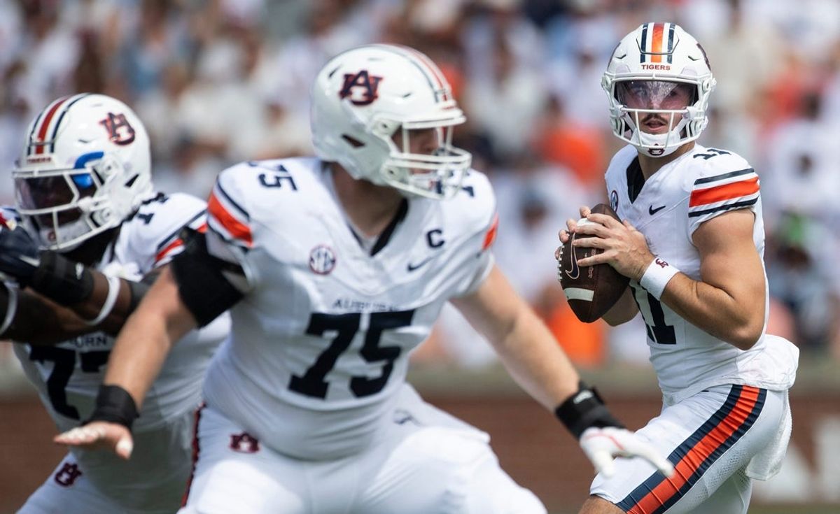 Auburn Tigers quarterback Jackson Arnold (11) looks to pass as Auburn Tigers take on South Alabama Jaguars at Jordan-Hare Stadium in Auburn, Ala. on Saturday, Sept. 13, 2025.