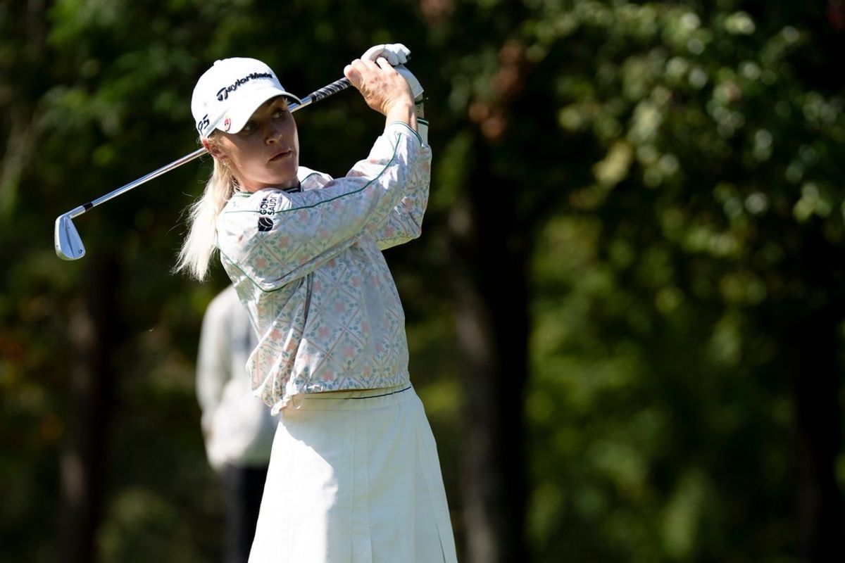 Charley Hull, tees off on hole five during the Queen City Classic Third Rounds on Sept. 13, 2025, at TPC River's Bend in Maineville, Ohio.