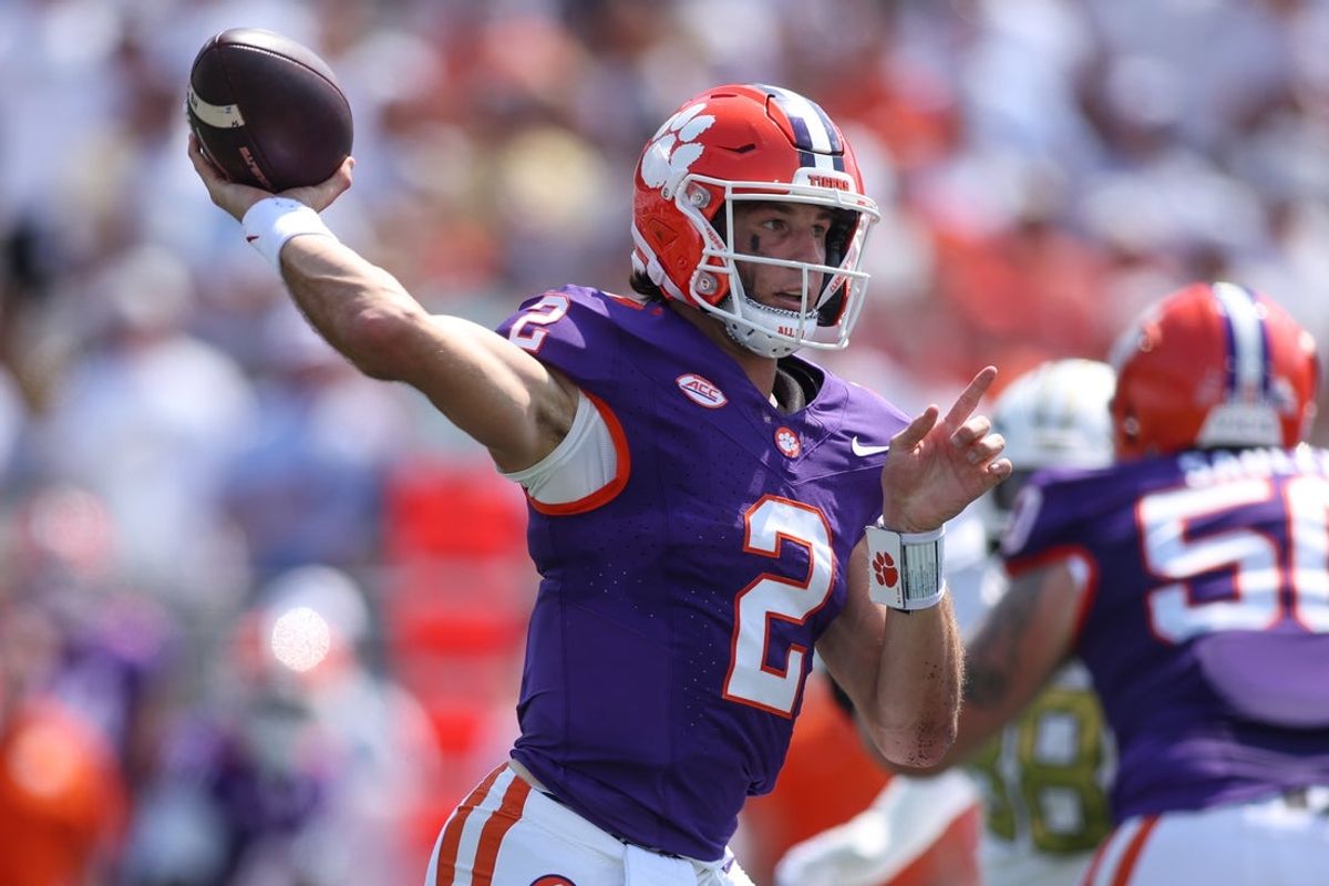 Sep 13, 2025; Atlanta, Georgia, USA; Clemson Tigers quarterback Cade Klubnik (2) throws a pass against the Georgia Tech Yellow Jackets in the first quarter at Bobby Dodd Stadium at Hyundai Field. Mandatory Credit: Brett Davis-Imagn Images