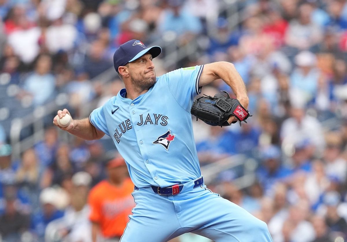 Sep 13, 2025; Toronto, Ontario, CAN; Toronto Blue Jays starting pitcher Max Scherzer (31) throws a pitch against the Baltimore Orioles during the first inning at Rogers Centre. Mandatory Credit: Nick Turchiaro-Imagn Images