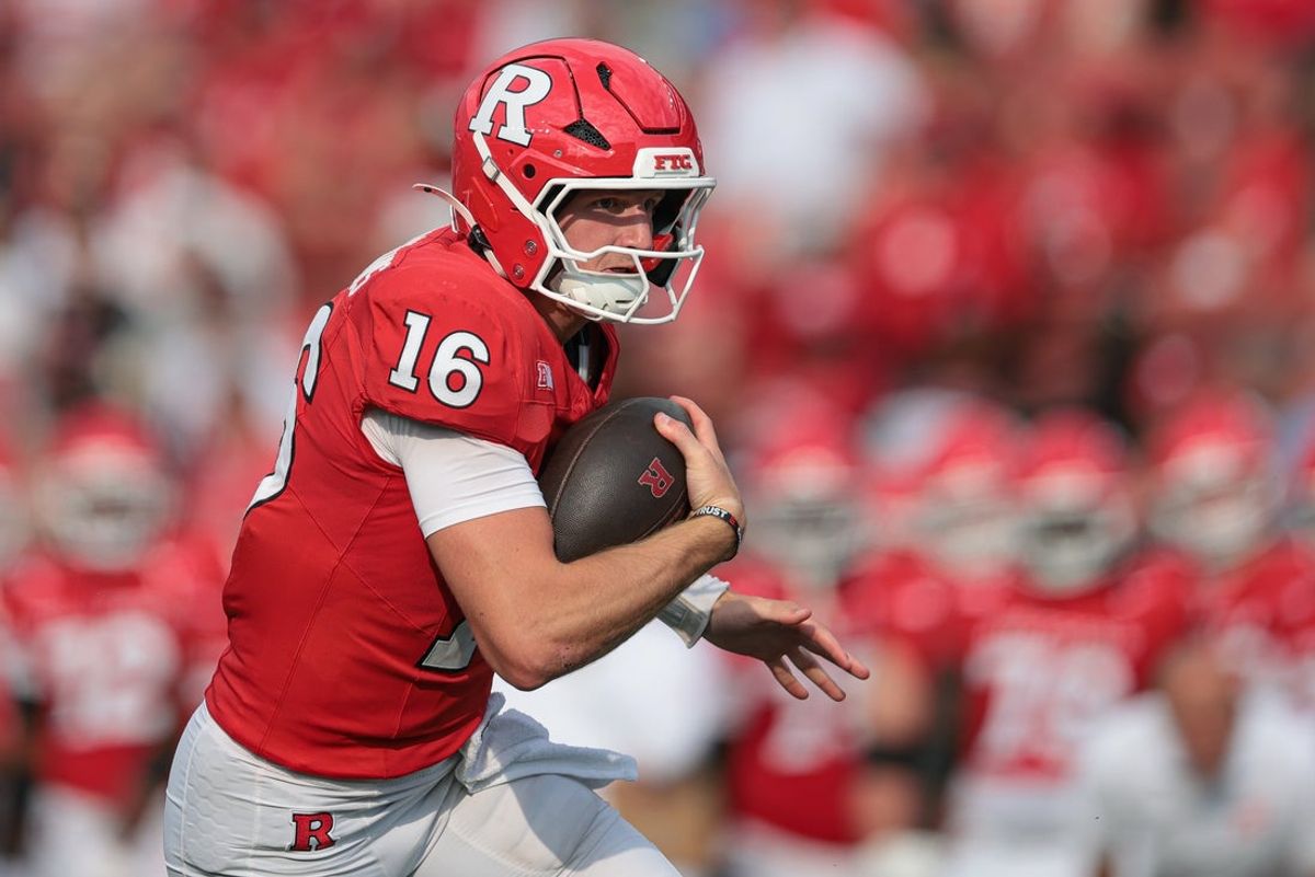 Sep 13, 2025; Piscataway, New Jersey, USA; Rutgers Scarlet Knights quarterback Athan Kaliakmanis (16) carries the ball during the first half against the Norfolk State Spartans at SHI Stadium. Mandatory Credit: Vincent Carchietta-Imagn Images