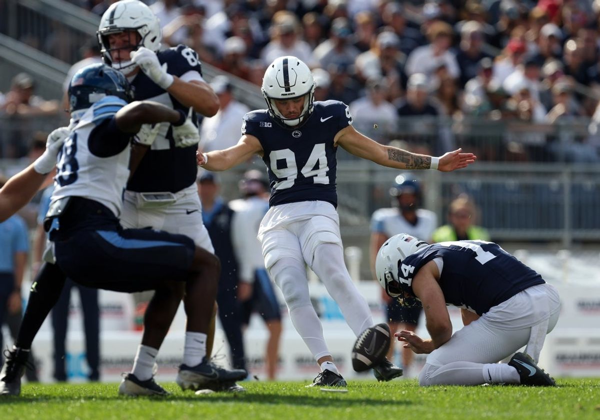 Sep 13, 2025; University Park, Pennsylvania, USA; Penn State Nittany Lions kicker Ryan Barker (94) kicks a field goal during the second quarter against the Villanova Wildcats at Beaver Stadium. Mandatory Credit: Matthew O'Haren-Imagn Images