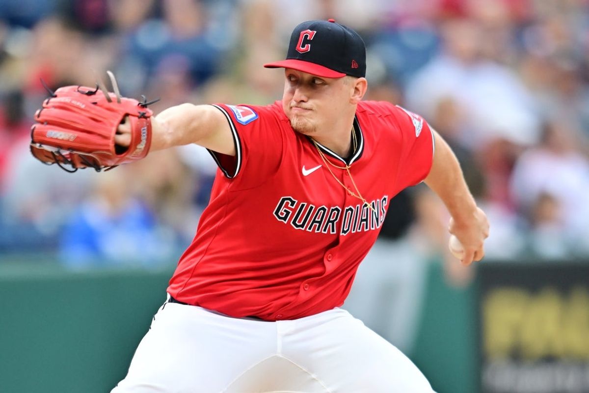 Sep 13, 2025; Cleveland, Ohio, USA; Cleveland Guardians starting pitcher Parker Messick (77) throws a pitch against the Chicago White Sox during the first inning at Progressive Field. Mandatory Credit: Ken Blaze-Imagn Images