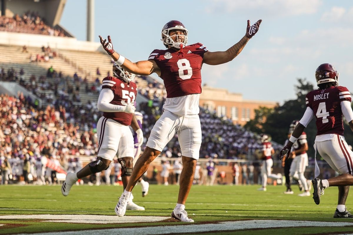 Sep 13, 2025; Starkville, Mississippi, USA; Mississippi State Bulldogs tight end Seydou Traore (8) reacts after a touchdown during the first quarter against the Alcorn State Braves  at Davis Wade Stadium at Scott Field. Mandatory Credit: Wesley Hale-Imagn Images