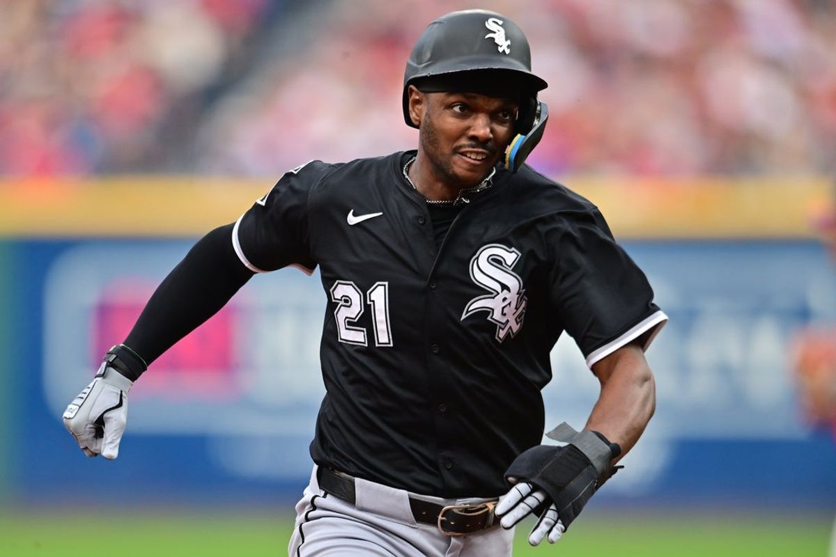 Sep 13, 2025; Cleveland, Ohio, USA; Chicago White Sox center fielder Michael A. Taylor (21) advances to third on a hit by Chicago White Sox left fielder Will Robertson (not pictured) during the second inning against the Cleveland Guardians at Progressive Field. Mandatory Credit: Ken Blaze-Imagn Images