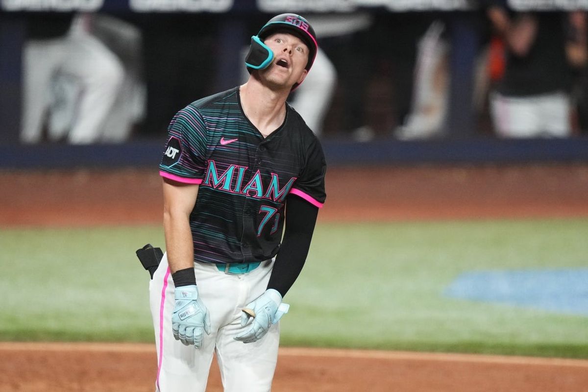 Sep 13, 2025; Miami, Florida, USA;  Miami Marlins first baseman Troy Johnston (75) reacts to hitting a walk-off home run in the 11th inning against the Detroit Tigers at loanDepot Park. Mandatory Credit: Jim Rassol-Imagn Images