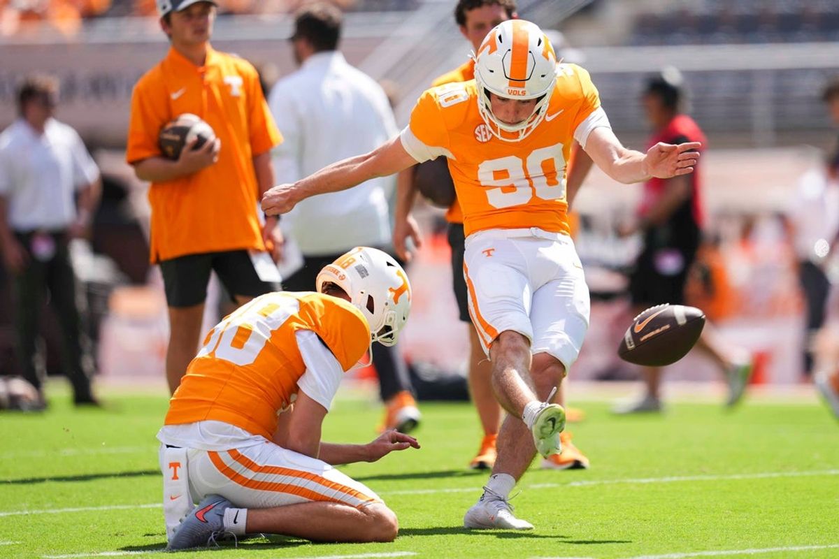 Tennessee place kicker Max Gilbert (90) kicks a field goal before a NCAA football game between Tennessee and Georgia at Neyland Stadium in Knoxville, Tennessee, on September 13, 2025.