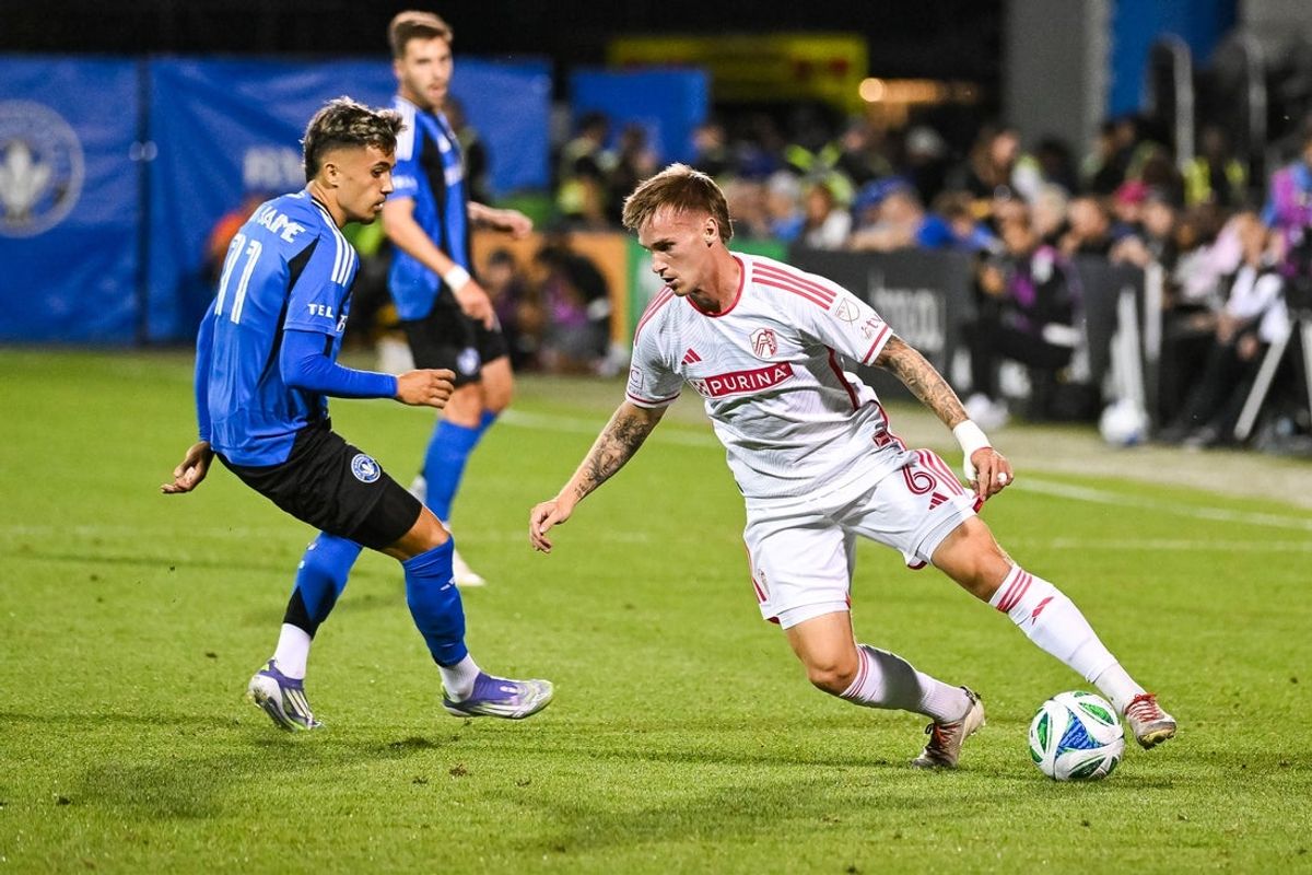 Sep 13, 2025; Montreal, Province of Quebec, CAN; St. Louis City midfielder Conrad Wallem (6) defends the ball against CF Montreal midfielder Ivan Jaime (11)  during the first half at Saputo Stadium. Mandatory Credit: David Kirouac-Imagn Images
