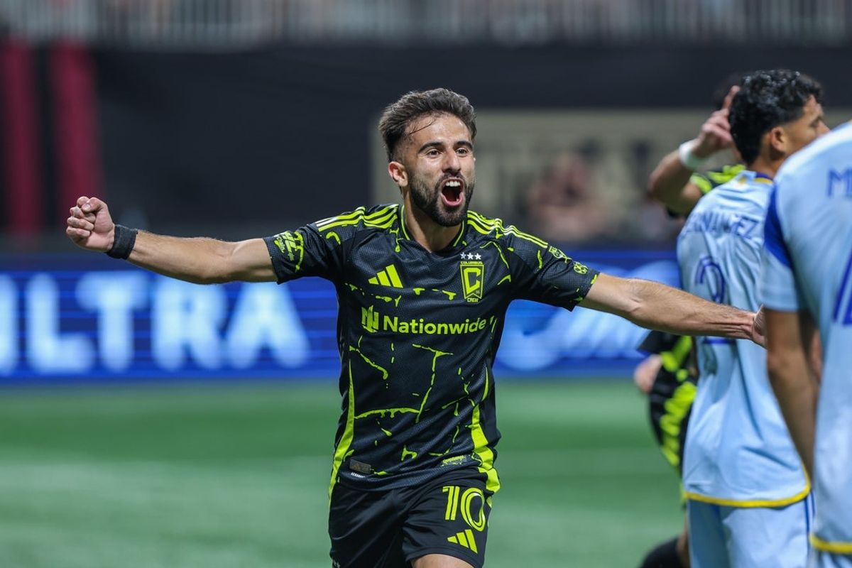 Sep 13, 2025; Atlanta, Georgia, USA; Columbus Crew forward Diego Rossi (10) celebrates a goal against the Atlanta United during the first half at Mercedes-Benz Stadium. Mandatory Credit: Jordan Godfree-Imagn Images
