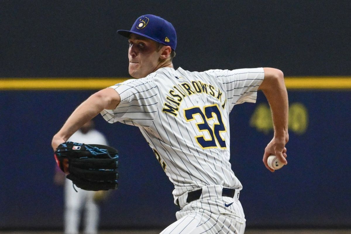 Sep 13, 2025; Milwaukee, Wisconsin, USA;  Milwaukee Brewers starting pitcher Jacob Misiorowski (32) throws against the St. Louis Cardinals in the first inning at American Family Field. Mandatory Credit: Benny Sieu-Imagn Images