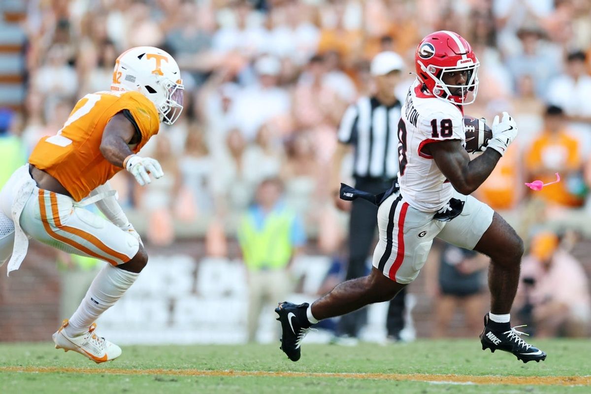 Sep 13, 2025; Knoxville, Tennessee, USA; Georgia Bulldogs defensive back Jontae Gilbert (18) runs the ball during the second half against the Tennessee Volunteers at Neyland Stadium. Mandatory Credit: Alan Poizner-Imagn Images
