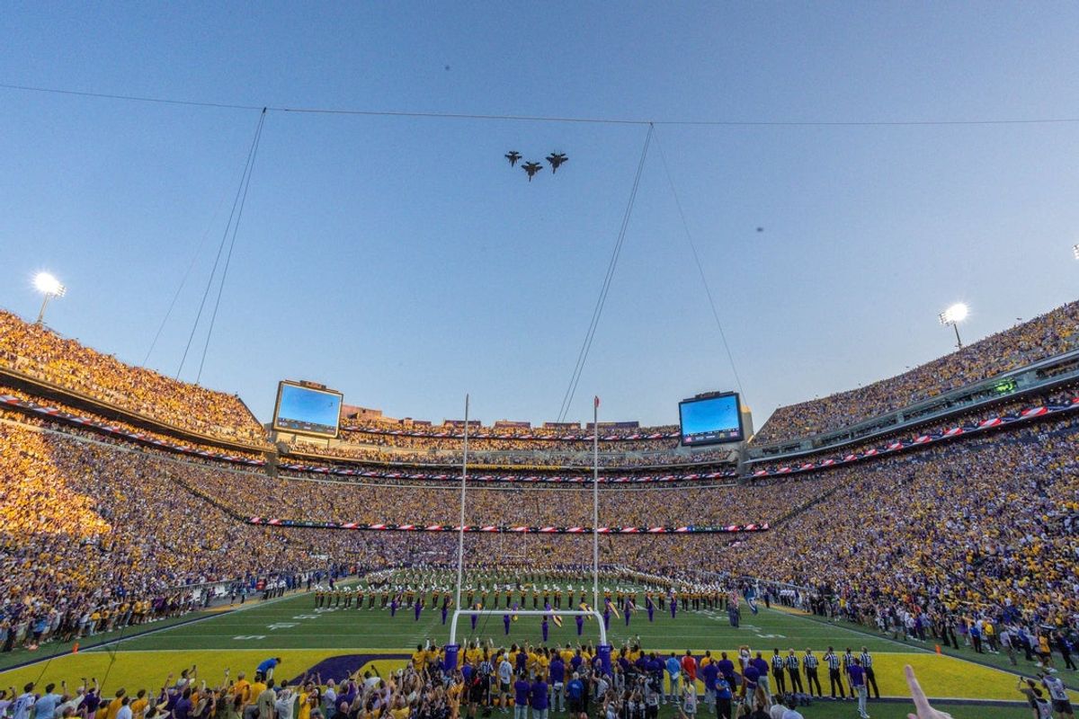 Sep 13, 2025; Baton Rouge, Louisiana, USA; Detailed view of the stadium with a fly over before the game between the LSU Tigers and the Florida Gators at Tiger Stadium. Mandatory Credit: Stephen Lew-Imagn Images