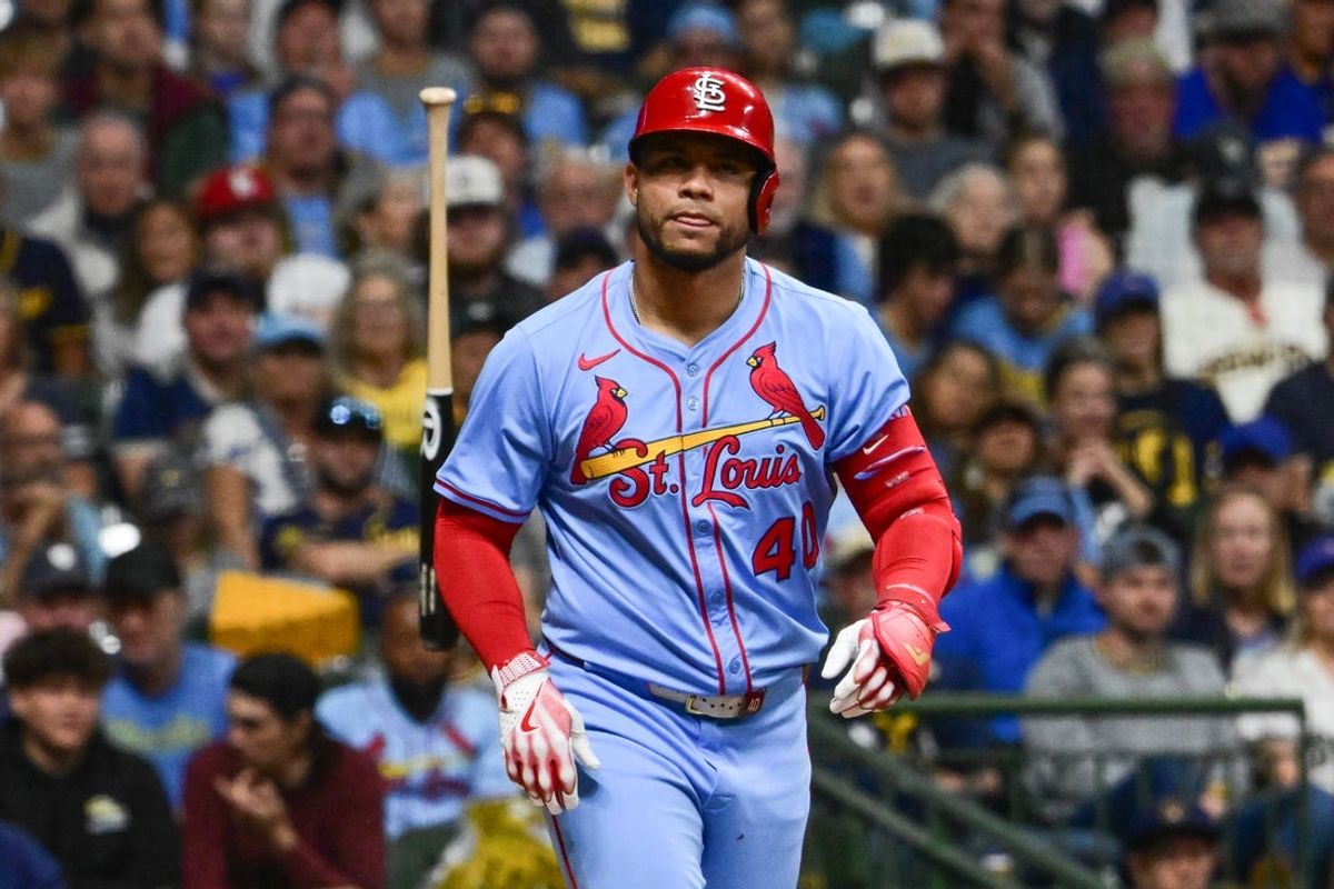 Sep 13, 2025; Milwaukee, Wisconsin, USA;  St. Louis Cardinals first baseman Willson Contreras (40) draws a walk against the Milwaukee Brewers in the third inning at American Family Field. Mandatory Credit: Benny Sieu-Imagn Images