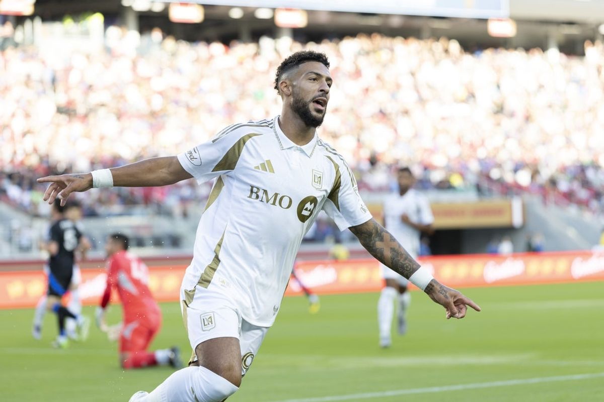 Sep 13, 2025; Santa Clara, California, USA;  Los Angeles FC forward Denis Bouanga (99) reacts after scoring a goal during the first half against the San Jose Earthquakes at Levi's Stadium. Mandatory Credit: Stan Szeto-Imagn Images