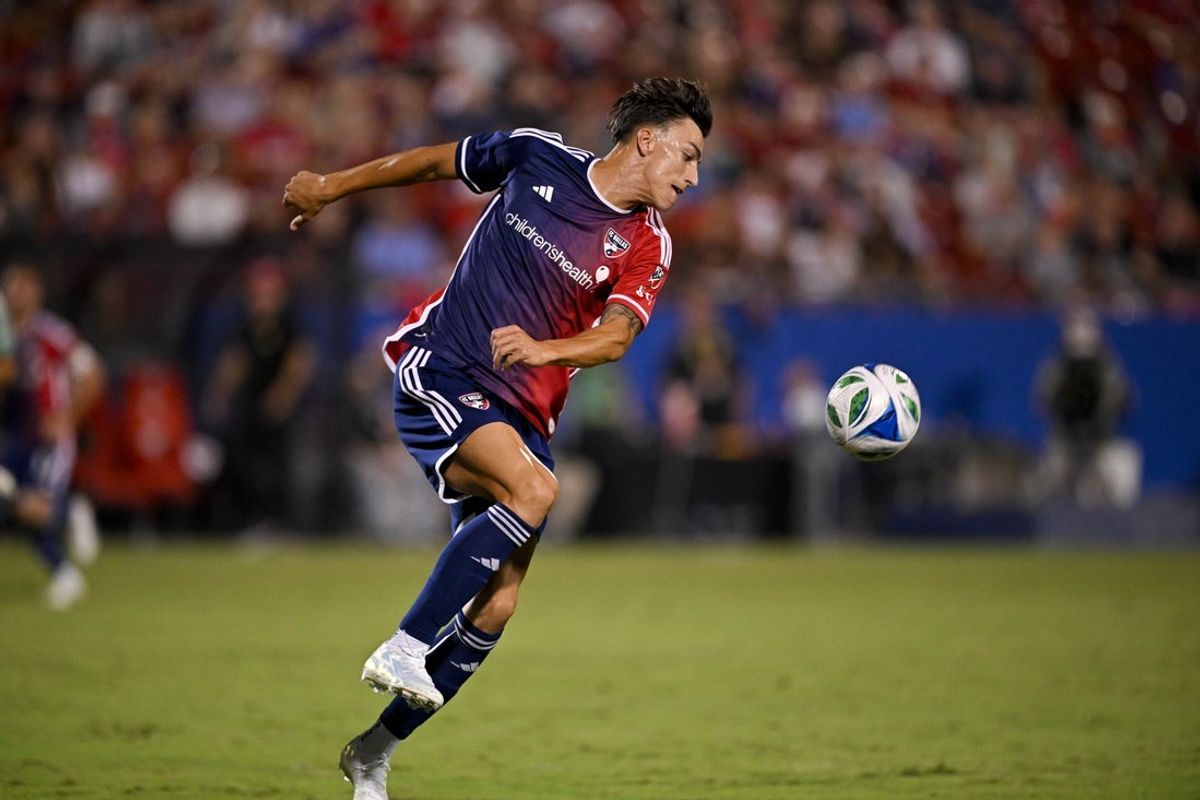 Sep 13, 2025; Frisco, Texas, USA; FC Dallas forward Petar Musa (9) controls the ball during the first half against Austin FC at Toyota Stadium. Mandatory Credit: Jerome Miron-Imagn Images