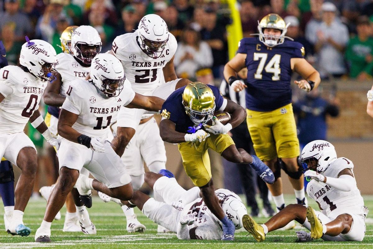 Notre Dame running back Jeremiyah Love runs with the ball in the first half of a NCAA football game against Texas A&M at Notre Dame Stadium on Saturday, Sept. 13, 2025, in South Bend.