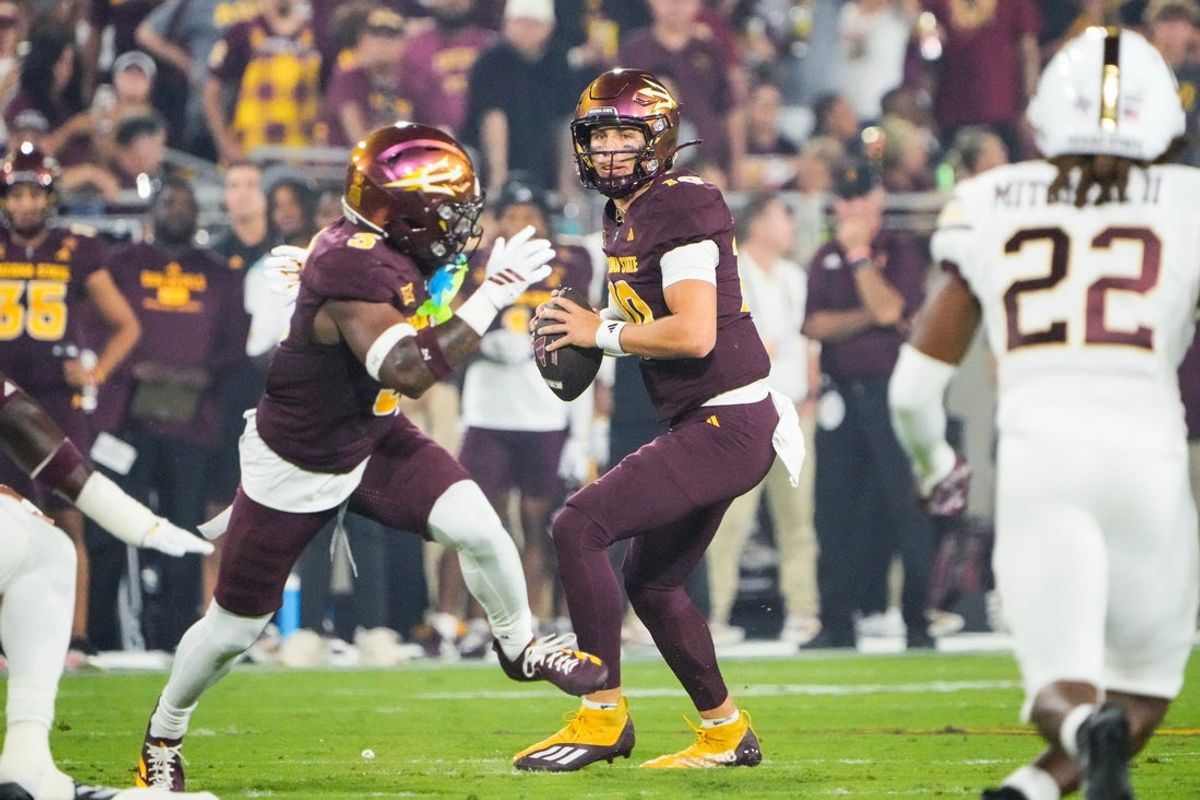 Sep 13, 2025; Tempe, Arizona, USA; Arizona State Sun Devils quarterback Sam Leavitt (10 )looks downfield in the first quarter of the game between Arizona State Sun Devils and Texas State Bobcats. Mandatory Credit: Arianna Grainey-Imagn Images